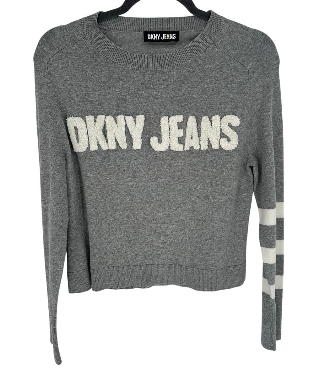 DKNY White Logo Graphic Crew Neck Sweater Long Striped Sleeves Knit Womens Sz S